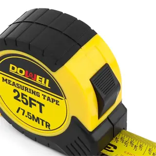 a 25ft/7.5mtr yellow and black measuring tape with a few inches extended