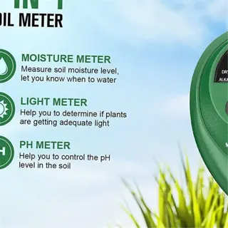 a 3-in-1 soil meter with moisture, light, and ph sensors, displayed on soil with grass