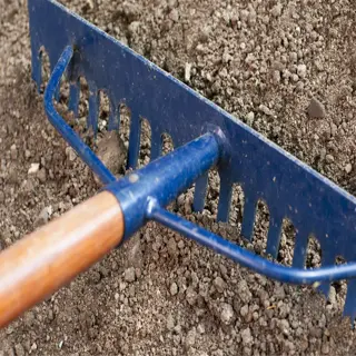 a blue and wooden soil rake lying on the ground, its tines resting in the soil