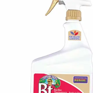 a bottle of captain jack's bt spray for organic gardening