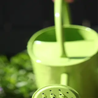 a bright green watering can with water flowing from its spout, surrounded by blurred greenery