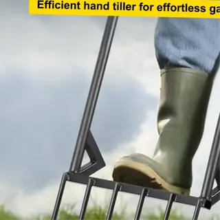 a broadfork being used for soil aeration in a garden, with text highlighting its dimensions