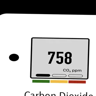 a co2 monitor displaying 758 ppm with a color-coded indicator