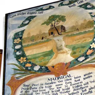 a decorative painting featuring a rural scene and the text of a madrigal poem