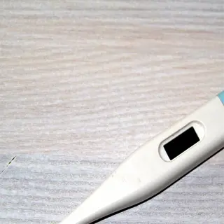 a digital thermometer with a white body and blue top on a wooden surface