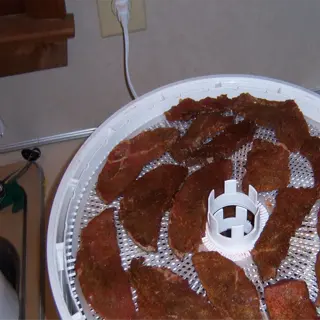 a food dehydrator tray with slices of meat drying