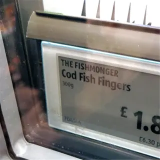 a freezer label for the fishmonger cod fish fingers priced at £1.89 for 300g