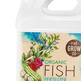 a gallon jug of the grow co. organic fish fertilizer, a liquid fish emulsion for gardening