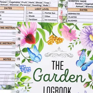 a garden logbook with plant care and tracking sections, featuring floral illustrations