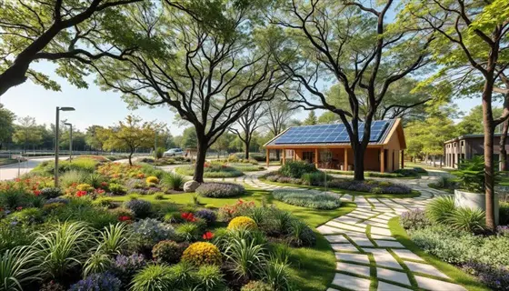a garden with diverse plants and trees, featuring a small building with solar panels, showcasing garden microclimate creation and optimization