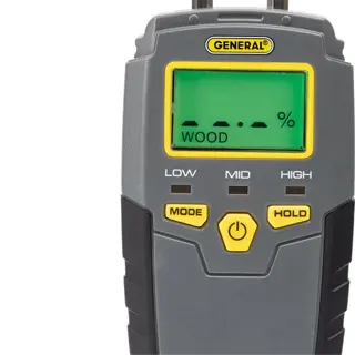 a general tools mmd4e digital moisture meter for wood with a green lcd display and moisture level indicators