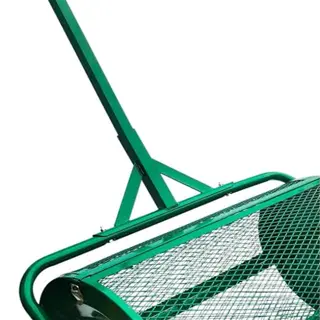 a green, cylindrical mulch spreader with a mesh basket
