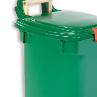 a green plastic recycled bucket with a lid and wheels