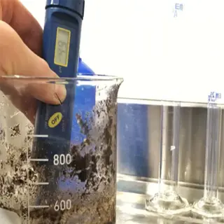 a hand holding a ph meter in a beaker of soil slurry