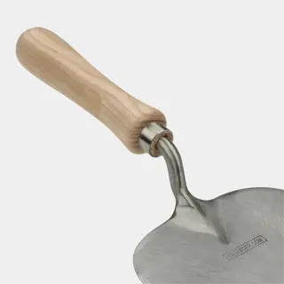 a heart-shaped planting trowel with a wooden handle, designed for digging and planting in gardening