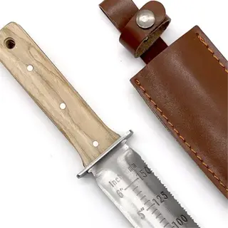 a hori-hori knife with a wooden handle and measurement markings, accompanied by a leather sheath