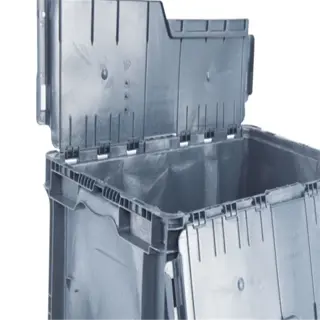 a large, gray plastic storage box with an open lid
