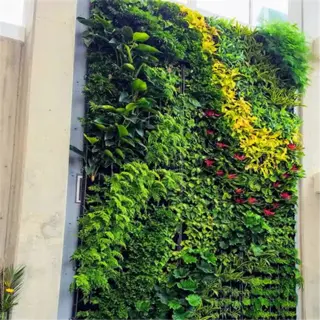 a lush green living wall with various plants and flowers