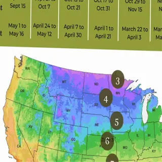 a map of the united states showing the average first and last frost dates, with central regions (zones 6-7) indicated by specific color coding