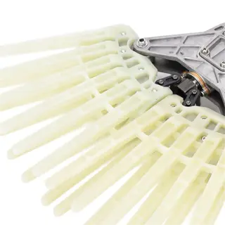a mechanical olive harvester rake with multiple plastic fingers and a metal motor housing