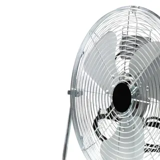 a metallic circulation fan with three blades on a white background