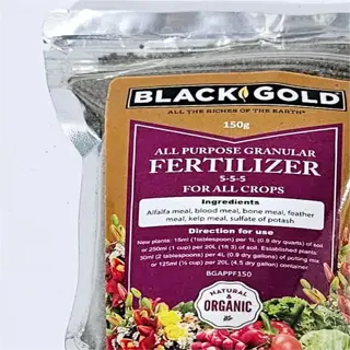a package of black gold all purpose granular fertilizer 5-5-5, suitable for all crops