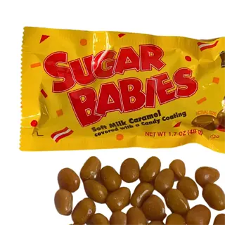 a package of sugar babies candy with scattered candies in front, featuring soft milk caramels with a candy coating