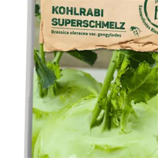 a packet of kohlrabi superschmelz seeds with images of the vegetable