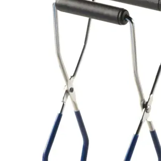 a pair of blue and silver canning tongs with black handles