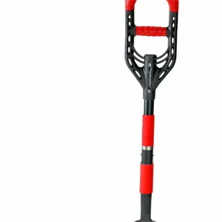 a red and black root digging fork with a d-handle and three tines