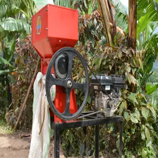 a red hulling machine surrounded by coffee plants and banana trees