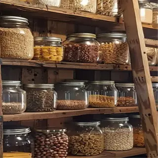 a rustic root cellar rack with jars of pasta and grains, and a wooden ladder