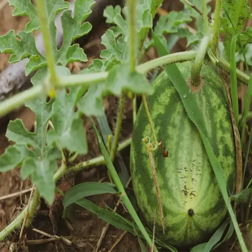 a small homegrown watermelon on the vine, nestled among green leaves in a garden