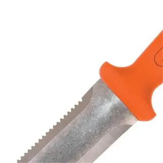 a soil knife with an orange handle and serrated blade