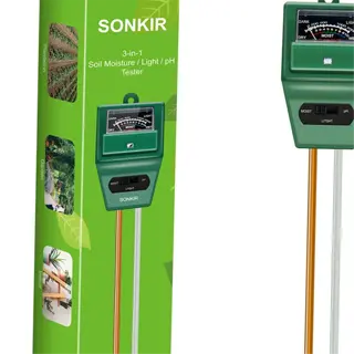 a sonkir 3-in-1 soil tester with packaging, measuring moisture, light, and ph