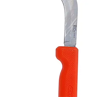 a stainless harvest knife with an orange handle and curved blade
