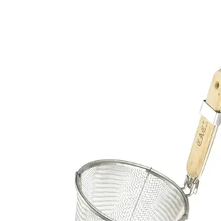 a stainless steel blanching basket with a wooden handle