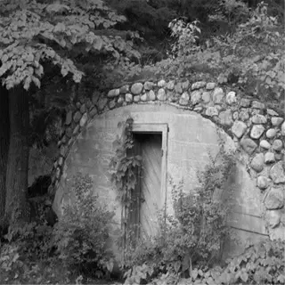 a stone and concrete root cellar surrounded by foliage