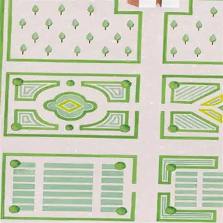 a stylized illustration of a garden planting layout, featuring various geometric patterns and tree symbols