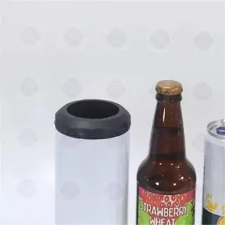 a white insulated cooler with a beer bottle and cans for size comparison