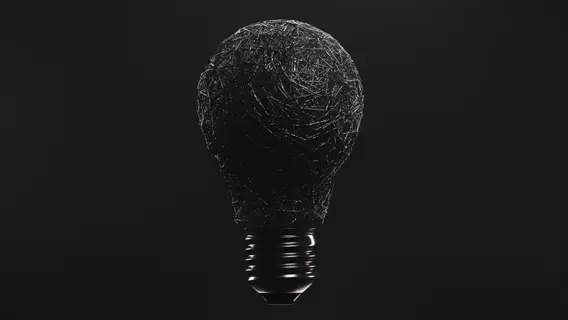 abstract light bulb sculpture composed of intricate bulb fiber texture strands against a dark gradient background