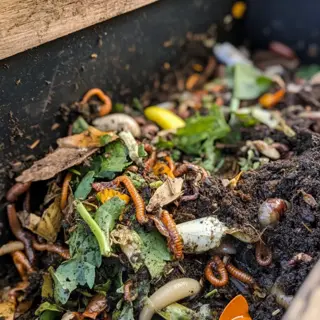 active dark compost pile with red wiggler worms decomposing vegetable scraps and leaves in a bin