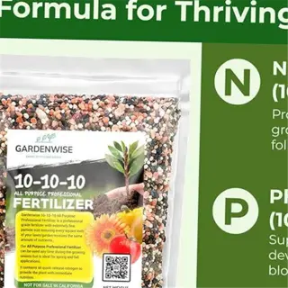 advertisement for gardenwise 10-10-10 balanced npk fertilizer with nutrient benefits