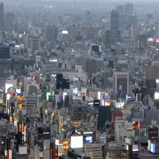 aerial view of a dense urban area with numerous buildings and illuminated signs