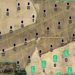 aerial view of a soil testing grid for a garden, marked with numbered zones