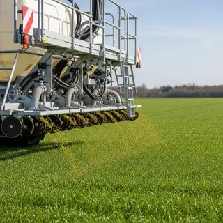 agricultural machinery spreading granular plant fertilizer over a lush green field