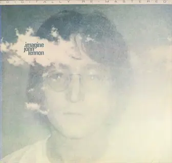 album cover for john lennon's song 'imagine' featuring his portrait with clouds, digitally remastered