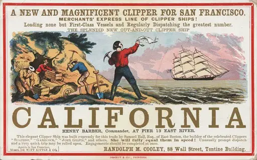 american gold rush clipper ship advertisement: miners with tools & california ship at sea