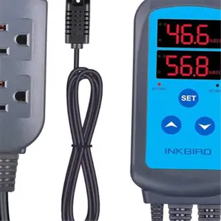 an inkbird digital humidity controller with power outlets and sensor, displaying 46.6% rh and 56.8% sv
