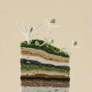 artistic cross-section of compost pile layers with plants growing on top. multiple soil strata in neutral tones support green and white foliage against a beige background